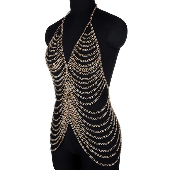Sexy Top Halter Body Chain Jewelry Multi Layered Gold Statement Necklace - Picture 7 of 8